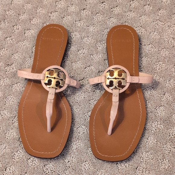 Tory Burch Shoes - Tory Burch Square Toed Miller Sandal Leather Seashell Pink Gold Toned Logo 8 1/2